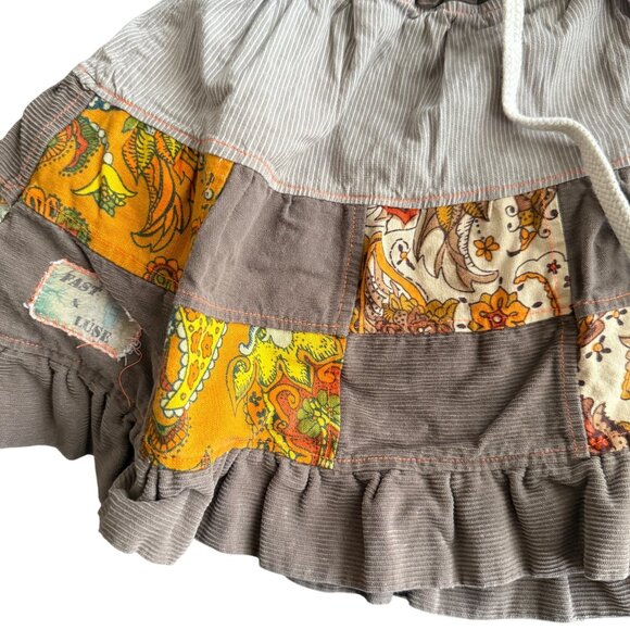 Vintage Girls Patchwork Corduroy Elastic Waist Skirt With Ruffles & Drawstring - Picture 2 of 4
